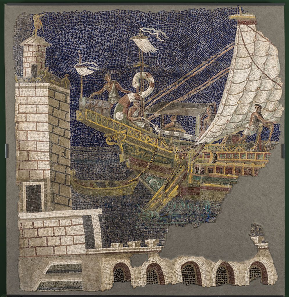 Mosaïque pariétale représentant un navire et un phare, découverte à Rome sur la colline de l'Esquilin au IIe siècle @ collection Museo-della-Civilta-Romana